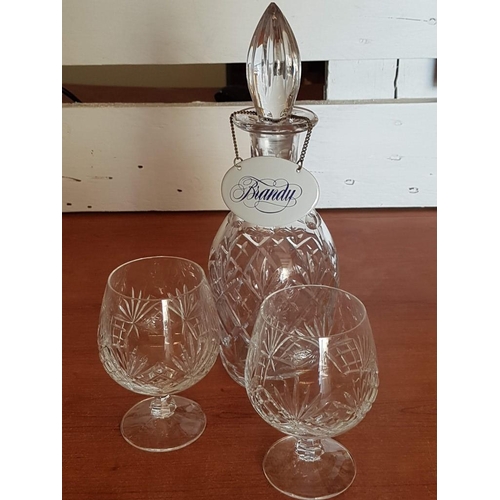 105 - Napoleon Stand with Cut Crystal Brandy Decanter, 2 x Brandy Glasses and Metal 'Brandy' Decanter Labe... 