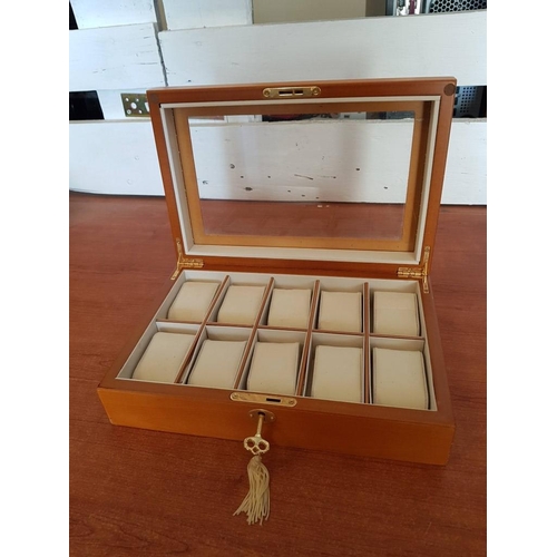 143 - Wooden Watch / Jewllery Box with Glass Lid and Key, by 'Mele & Co, UK', (Approx. 30 x 20 x 8cm)