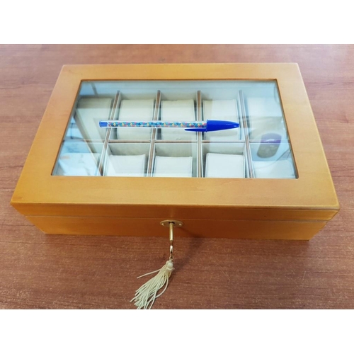 143 - Wooden Watch / Jewllery Box with Glass Lid and Key, by 'Mele & Co, UK', (Approx. 30 x 20 x 8cm)