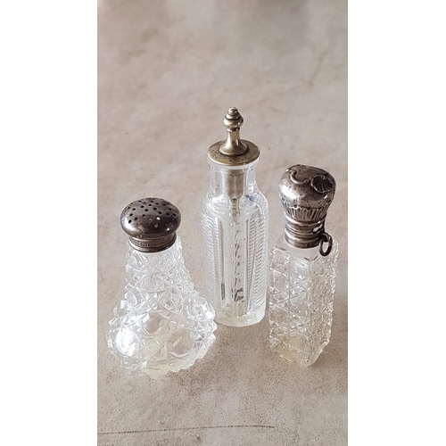 17 - 3 x Vintage Cut Glass Bottles with Silver &/or White Metal Tops, (Approx. 7cm and 8.5cm), (3)