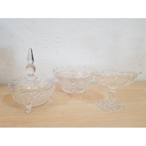 203 - Retro Crystal Tableware; Fruit Bowl (Ø: 22cm), Sweet Bowl with Lid and Sweet Pedestal Dish, (3)