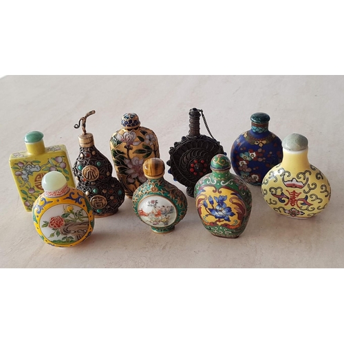 207 - Collection of Oriental Style Vintage Miniature Perfume Bottles; Metal, Enameled, Porcelain, (9)