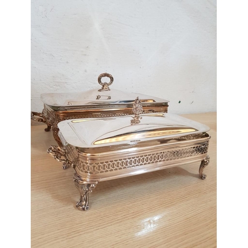 213 - Vintage Style 3-Pc Silver Plated Buffet / Food Serving Dishes, 2 Sizes with 2-Handled Stands, Glass ... 