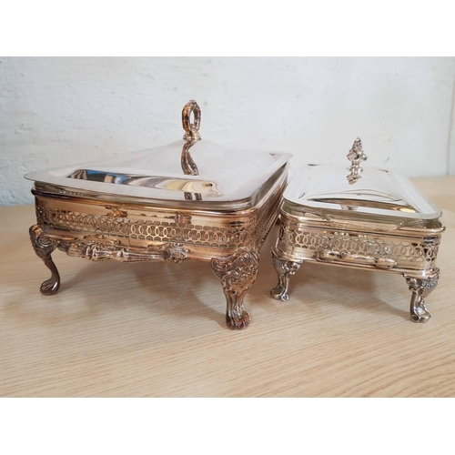 213 - Vintage Style 3-Pc Silver Plated Buffet / Food Serving Dishes, 2 Sizes with 2-Handled Stands, Glass ... 