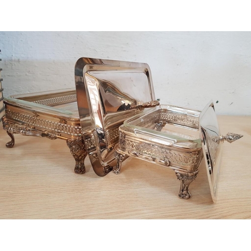 213 - Vintage Style 3-Pc Silver Plated Buffet / Food Serving Dishes, 2 Sizes with 2-Handled Stands, Glass ... 