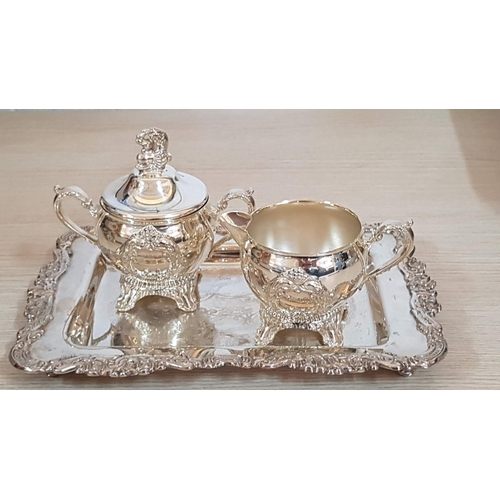 216 - Viners International Highly Ornate Silver Plated Vintage Style Set of Sugar Bowl with Lid, Cream Jug... 
