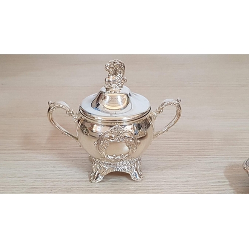 216 - Viners International Highly Ornate Silver Plated Vintage Style Set of Sugar Bowl with Lid, Cream Jug... 