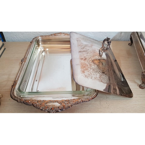 217 - Vintage Style Silver Plated Covered Serving Dish with Rectangular Pyrex Dish, (a/f), (Approx. 46 x 2... 