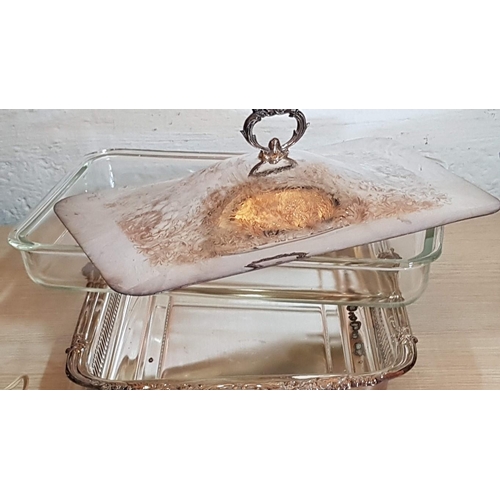 217 - Vintage Style Silver Plated Covered Serving Dish with Rectangular Pyrex Dish, (a/f), (Approx. 46 x 2... 