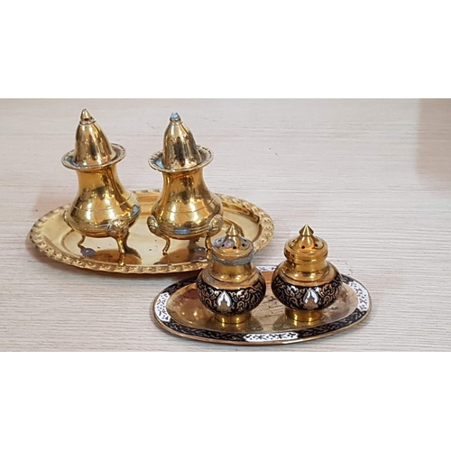 220 - Ornate Brass Effect Salt & Pepper Sets with Matching Trays, (2 x 3 Pcs)