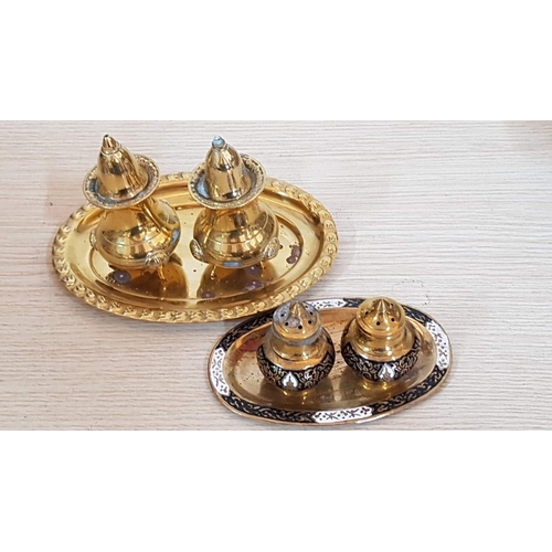 220 - Ornate Brass Effect Salt & Pepper Sets with Matching Trays, (2 x 3 Pcs)