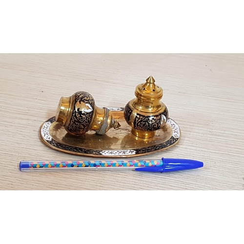 220 - Ornate Brass Effect Salt & Pepper Sets with Matching Trays, (2 x 3 Pcs)