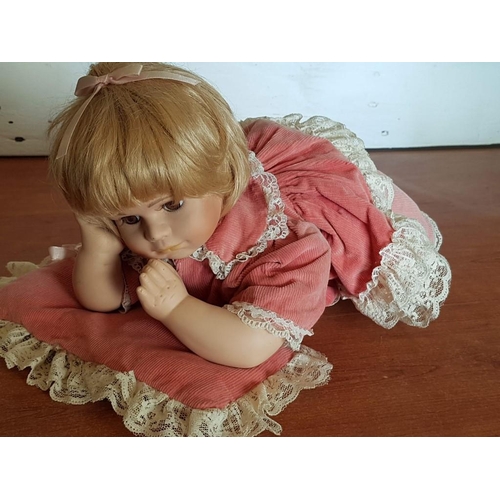 226 - Baby Girl Vintage Porcelain Doll with Pink Corduroy Clothes and Pillow Finished with Beige Lace, (Ap... 