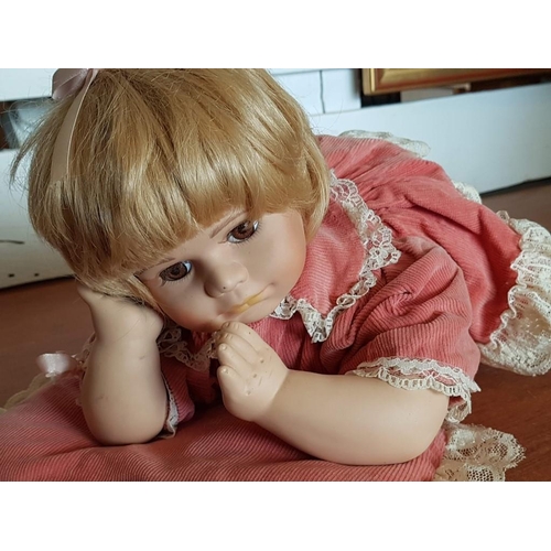 226 - Baby Girl Vintage Porcelain Doll with Pink Corduroy Clothes and Pillow Finished with Beige Lace, (Ap... 