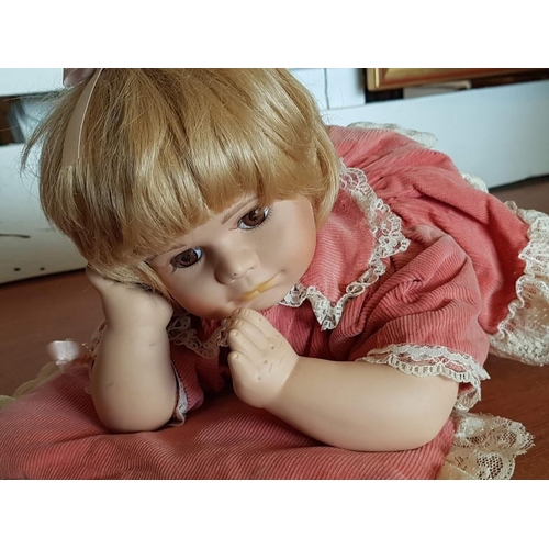 226 - Baby Girl Vintage Porcelain Doll with Pink Corduroy Clothes and Pillow Finished with Beige Lace, (Ap... 