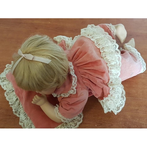 226 - Baby Girl Vintage Porcelain Doll with Pink Corduroy Clothes and Pillow Finished with Beige Lace, (Ap... 