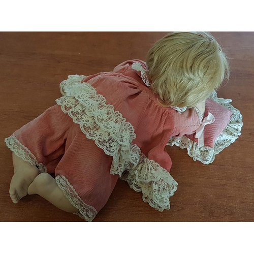226 - Baby Girl Vintage Porcelain Doll with Pink Corduroy Clothes and Pillow Finished with Beige Lace, (Ap... 