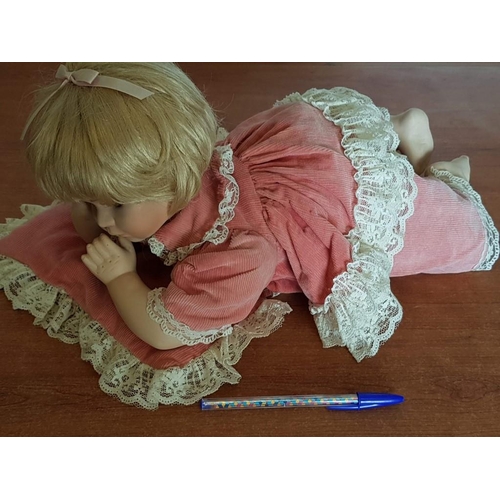 226 - Baby Girl Vintage Porcelain Doll with Pink Corduroy Clothes and Pillow Finished with Beige Lace, (Ap... 