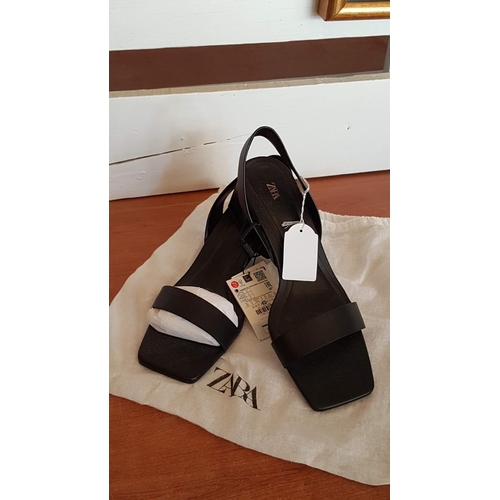 230 - Zara Block Heel Black Leather Sandals, Size 39