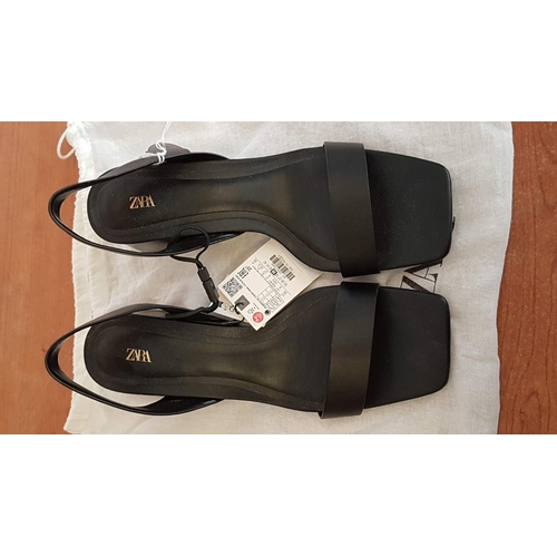 230 - Zara Block Heel Black Leather Sandals, Size 39
