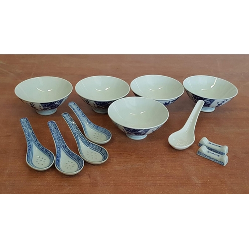 34 - Blue & White Porcelain Rice Bowls (5), Together with Porcelain Spoons and 2 x Chop Stick Rests, (12)