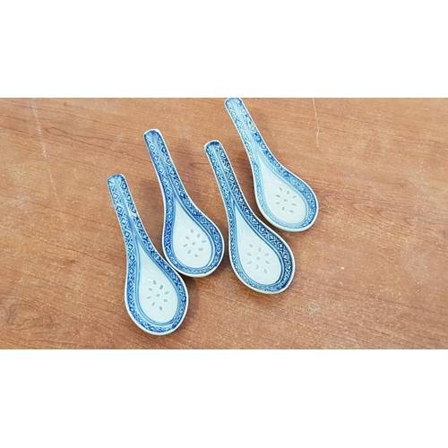 34 - Blue & White Porcelain Rice Bowls (5), Together with Porcelain Spoons and 2 x Chop Stick Rests, (12)