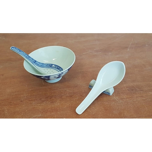 34 - Blue & White Porcelain Rice Bowls (5), Together with Porcelain Spoons and 2 x Chop Stick Rests, (12)