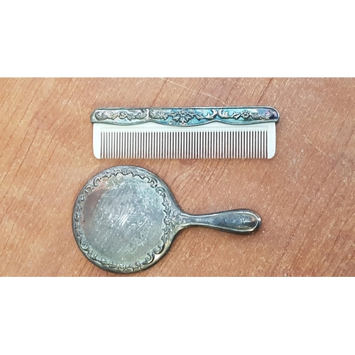 36 - Vintage Miniature Silver Plated (Doll Sized) Hand Mirror with Matching Comb, Circa 1950's