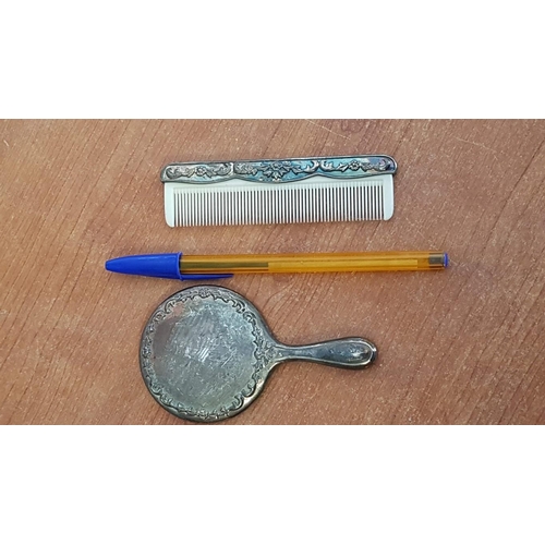 36 - Vintage Miniature Silver Plated (Doll Sized) Hand Mirror with Matching Comb, Circa 1950's