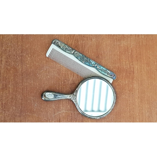 36 - Vintage Miniature Silver Plated (Doll Sized) Hand Mirror with Matching Comb, Circa 1950's