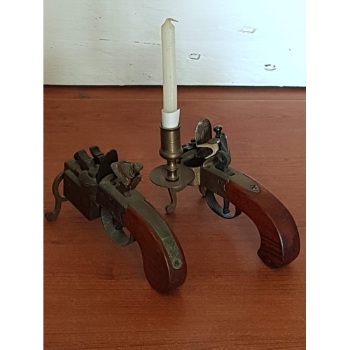 5 - Vintage Flintlock Pistol Table Lighter, Together with Similar Candleholder, (2)