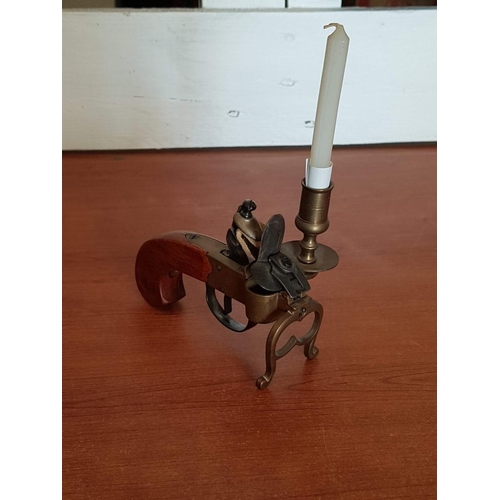 5 - Vintage Flintlock Pistol Table Lighter, Together with Similar Candleholder, (2)