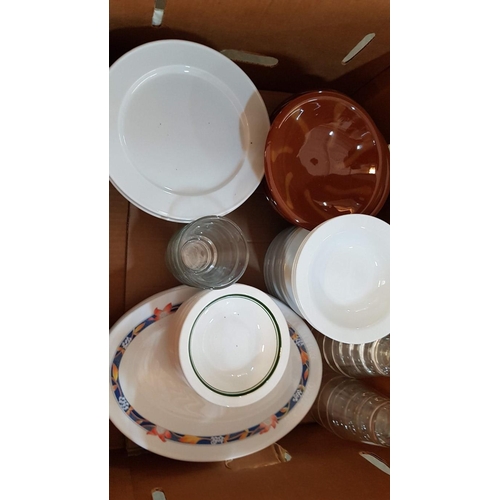 54 - Box of Assorted Kitchen Plates, Bowls, Glasses, etc