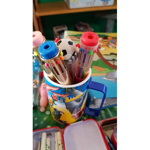 62 - Large Collection of Children's Stationary; Pencil Cases, Folders, Pens, Erasers, Rulers, Mugs, Organ... 