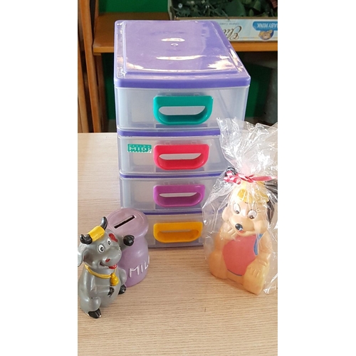 69 - Plastic 4-Drawer Organiser and Assorted Money Boxes,