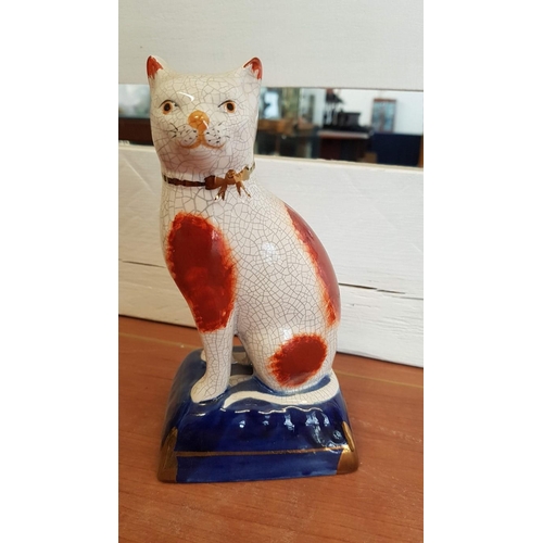 72 - Vintage 'Fitz & Floyd' Staffordshire Style Cat on Blue Cushion Ceramic Figurine, (Approx. H: 18cm)