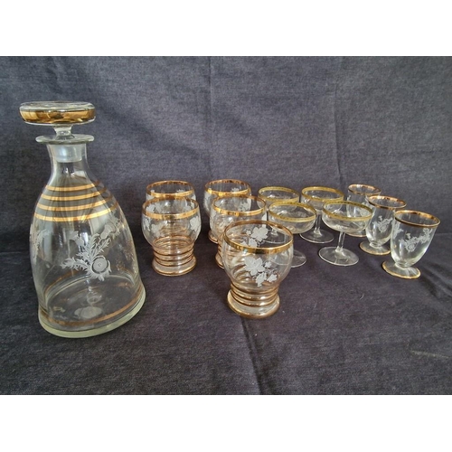 149 - Decorative Lead Crystal Carafe / Decanter with Etched Floral Pattern and Gold Tone Bands, Together w... 