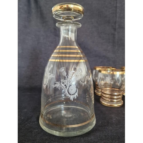 149 - Decorative Lead Crystal Carafe / Decanter with Etched Floral Pattern and Gold Tone Bands, Together w... 