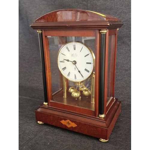 107 - Anniversary / Mantle Clock, 'The Greenwich Clock Co, London', Walnut Effect 4-Glass Case with Brass ... 