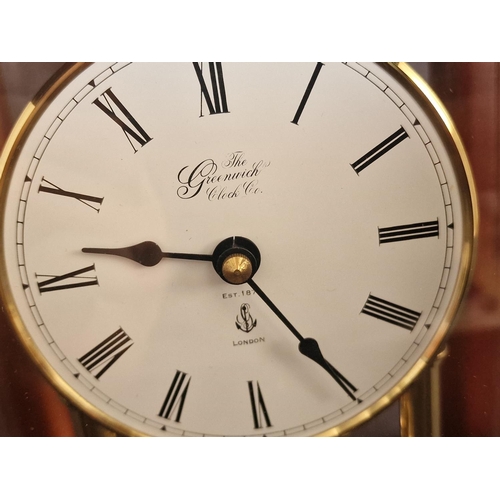 107 - Anniversary / Mantle Clock, 'The Greenwich Clock Co, London', Walnut Effect 4-Glass Case with Brass ... 