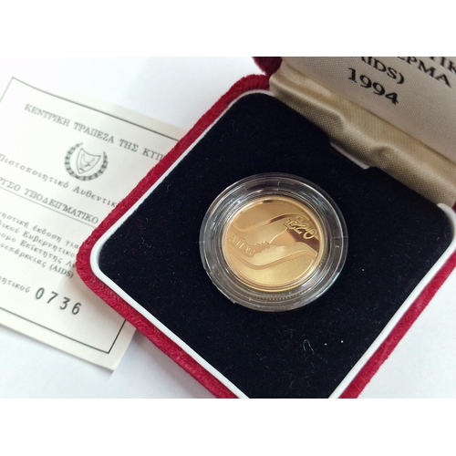 10 - Cyprus Gold Coin; (1994) £20 Proof 'Aids' 22ct Gold, 7.9881g, Ø: 22.05mm, Limited Edition of 4,000 P... 