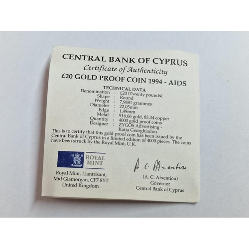 10 - Cyprus Gold Coin; (1994) £20 Proof 'Aids' 22ct Gold, 7.9881g, Ø: 22.05mm, Limited Edition of 4,000 P... 