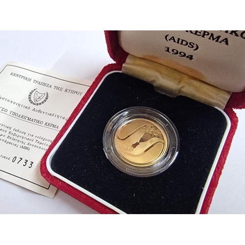 11 - Cyprus Gold Coin; (1994) £20 Proof 'Aids' 22ct Gold, 7.9881g, Ø: 22.05mm, Limited Edition of 4,000 P... 