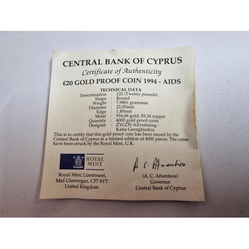 11 - Cyprus Gold Coin; (1994) £20 Proof 'Aids' 22ct Gold, 7.9881g, Ø: 22.05mm, Limited Edition of 4,000 P... 