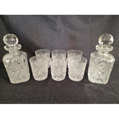 120 - Bohemia Crystal Set; Matching Pair / 2 x Whisky Decanters with Stoppers, Together with Set of 6 x Tu... 