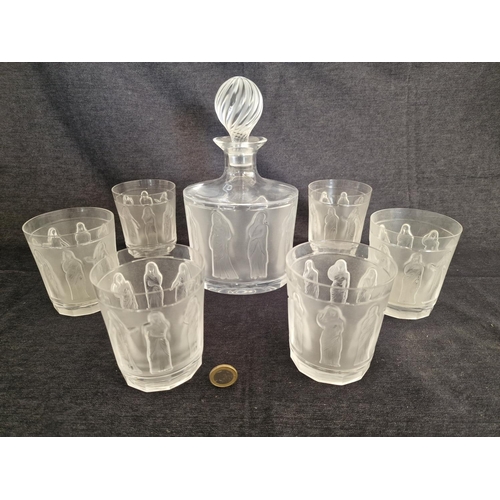 121 - Lalique Crystal, Paris; Frosted Glass Neoclassical Female Figure Whisky Decanter with Spiral Pattern... 