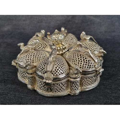 32 - Indian Hand Made Silver 6-Section Kumkum Box / Incense Box / Burner with Filigree Lids and Decorated... 