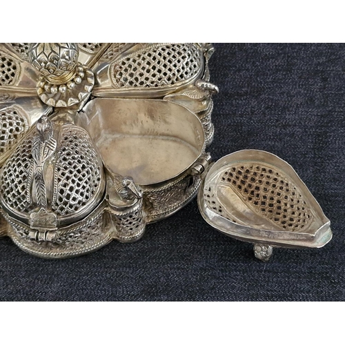 32 - Indian Hand Made Silver 6-Section Kumkum Box / Incense Box / Burner with Filigree Lids and Decorated... 