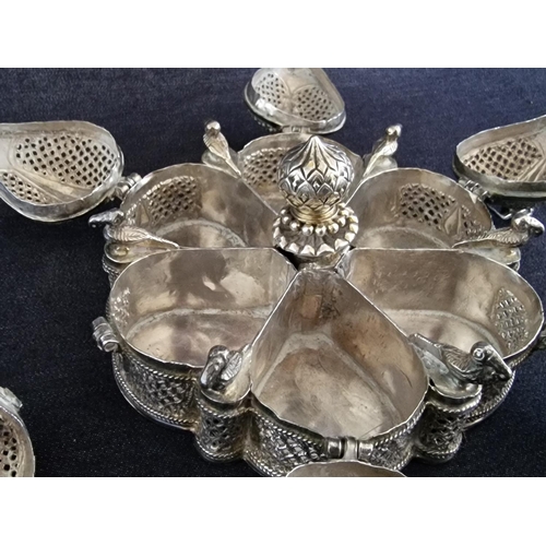 32 - Indian Hand Made Silver 6-Section Kumkum Box / Incense Box / Burner with Filigree Lids and Decorated... 