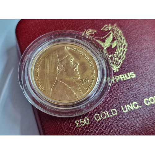 5 - Cyprus 1977 £50 Makarios 22ct Gold Uncirculated Coin in Capsule and Red Colour Presentation Case, (A... 